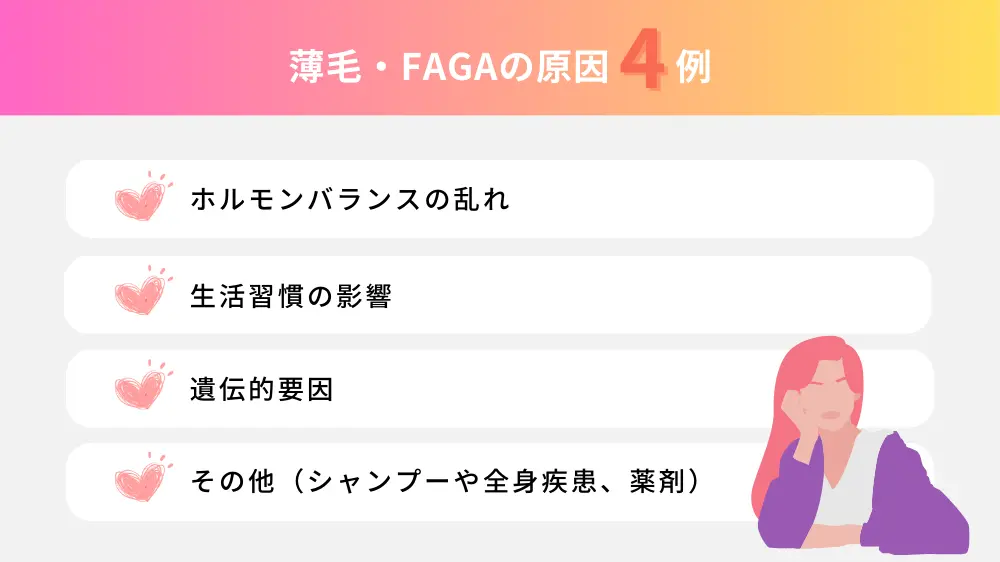 薄毛・FAGAの原因 ・ホルモンバランスの乱れ ・生活習慣の影響 ・遺伝的要因 ・その他（シャンプーや全身疾患、薬剤）