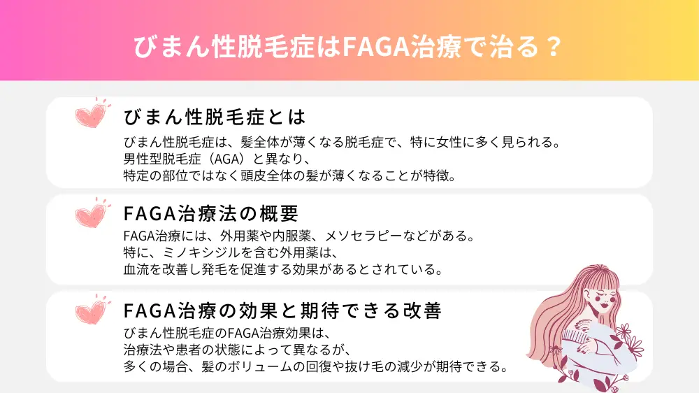 びまん性脱毛症はFAGA治療で治る？ びまん性脱毛症は、髪全体が薄くなる脱毛症で、特に女性に多く見られる。男性型脱毛症（AGA）と異なり、特定の部位ではなく頭皮全体の髪が薄くなることが特徴。 FAGA治療には、外用薬や内服薬、メソセラピーなどがある。 特に、ミノキシジルを含む外用薬は、血流を改善し発毛を促進する効果があるとされている。 びまん性脱毛症のFAGA治療効果は、治療法や患者の状態によって異なるが、多くの場合、髪のボリュームの回復や抜け毛の減少が期待できる 