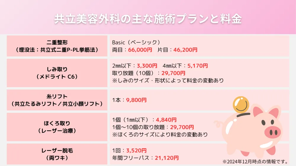 共立美容外科の代表的な施術プランと料金