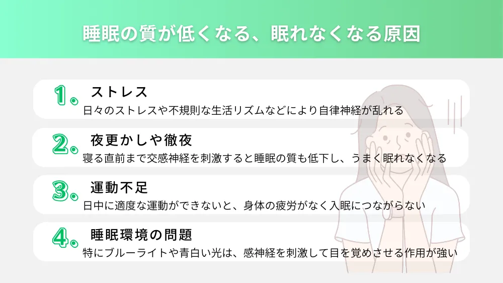 睡眠の質が低い、眠れなくなる原因
