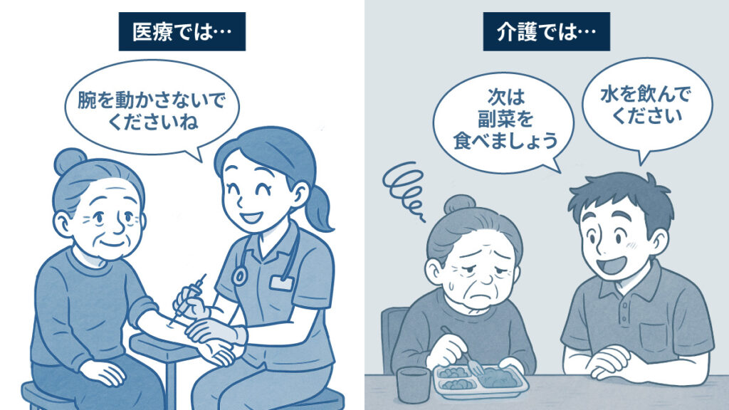 採血の場面：腕を動かないでいて下さいねにしっかりと従う様子　食事の場面：次はこれ食べましょうと従わせる場面で困惑する様子
