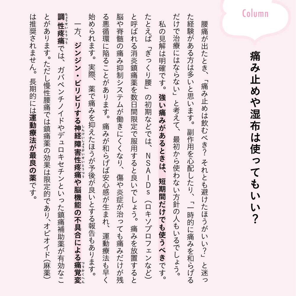 コシトレ Part1 腰痛の種類とメカニズム Column 痛み止めや湿布は使ってもいい？