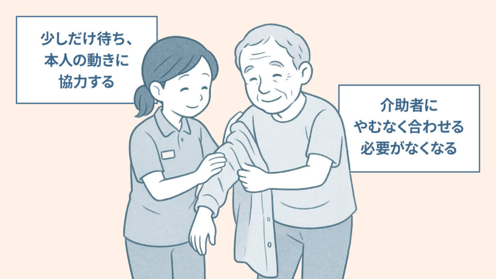 本人の動きを優先してくれる、本人の動きに協力するのが介助の様子